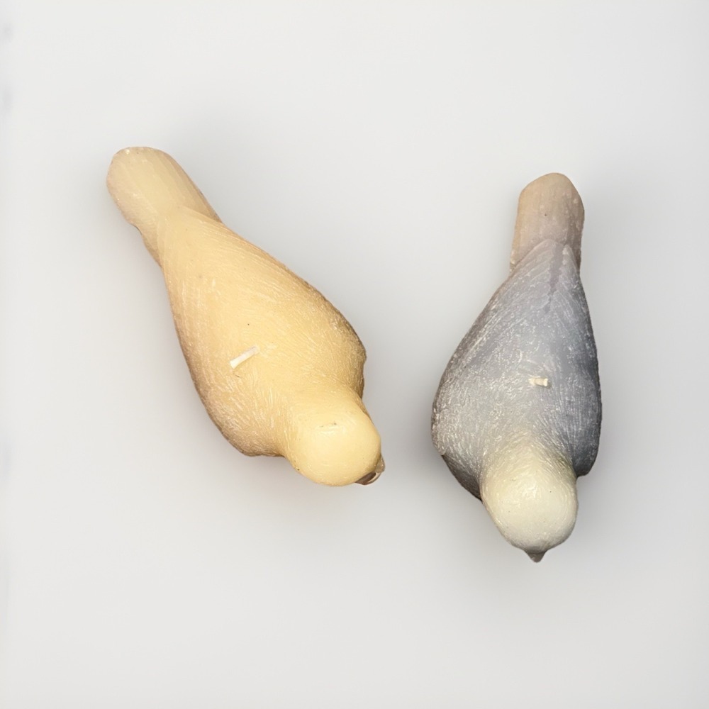 Vintage Style Bird Figurine Candles Set of 2 Yellow and Blue Grey Wax Songbirds